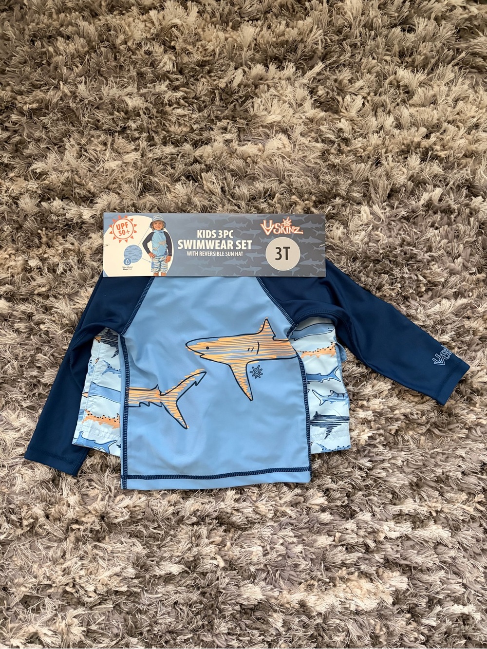Skinz UPF 50+ Toddler Boys Blue Shark 3 pc Swimwear Set Size 3T